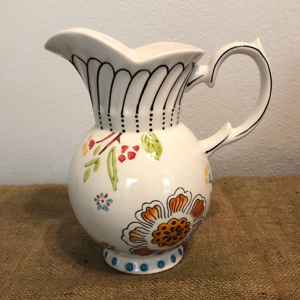 DUTCH WAX ANTHROPOLOGIE HAND PAINTED FLORAL CERAMIC PITCHER 9"